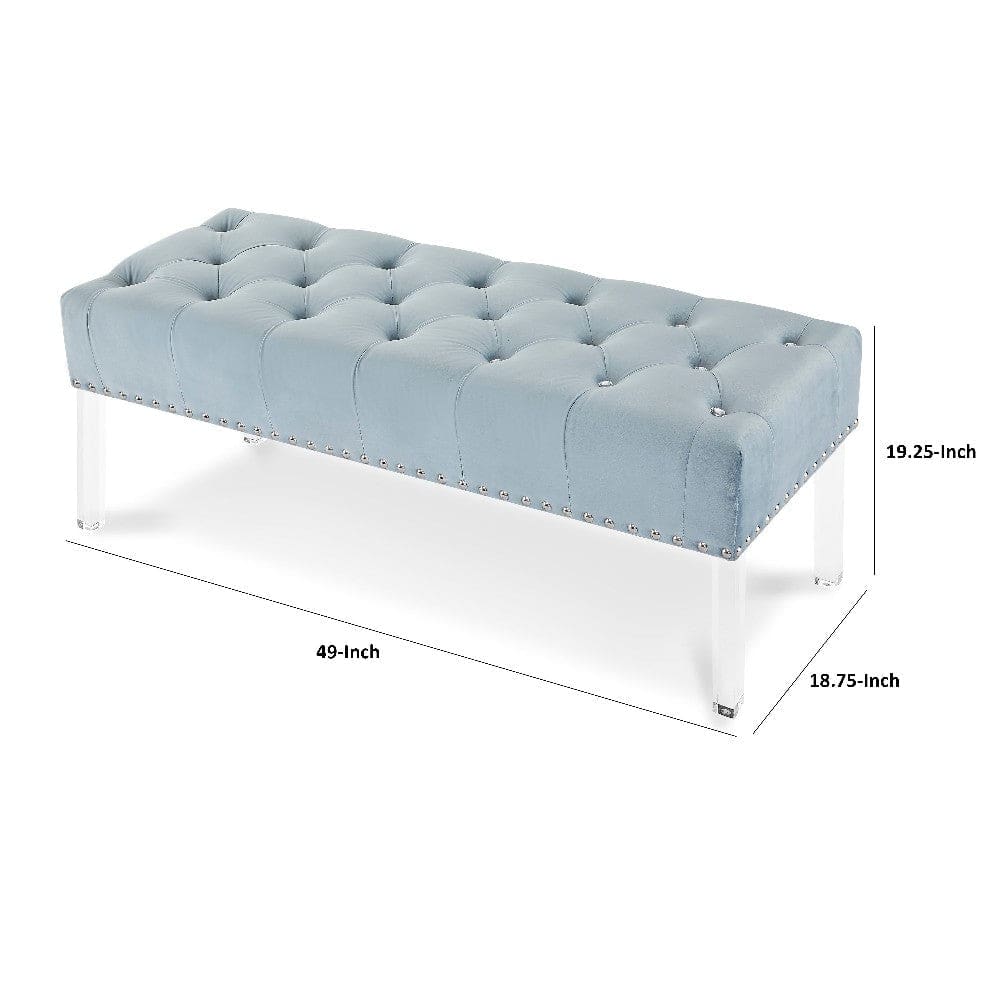 Bernard 49 Inch Velvet and Button Tufted Bench Light Blue By Casagear Home BM272061