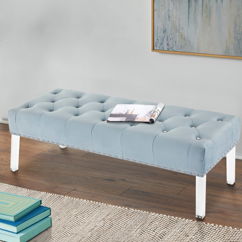 Bernard 49 Inch Velvet and Button Tufted Bench, Light Blue By Casagear Home