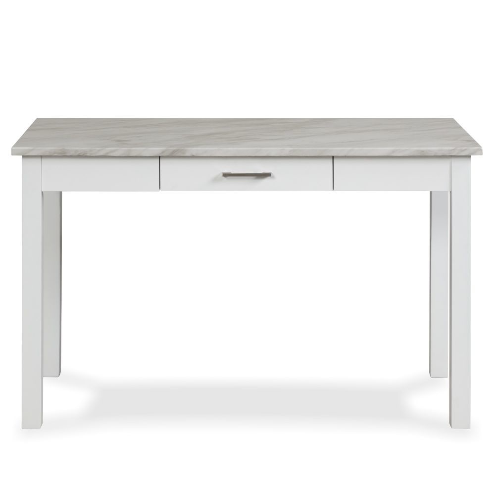 Jay 48 Inch Desk With Drawer and Faux Marble Top White By Casagear Home BM272065