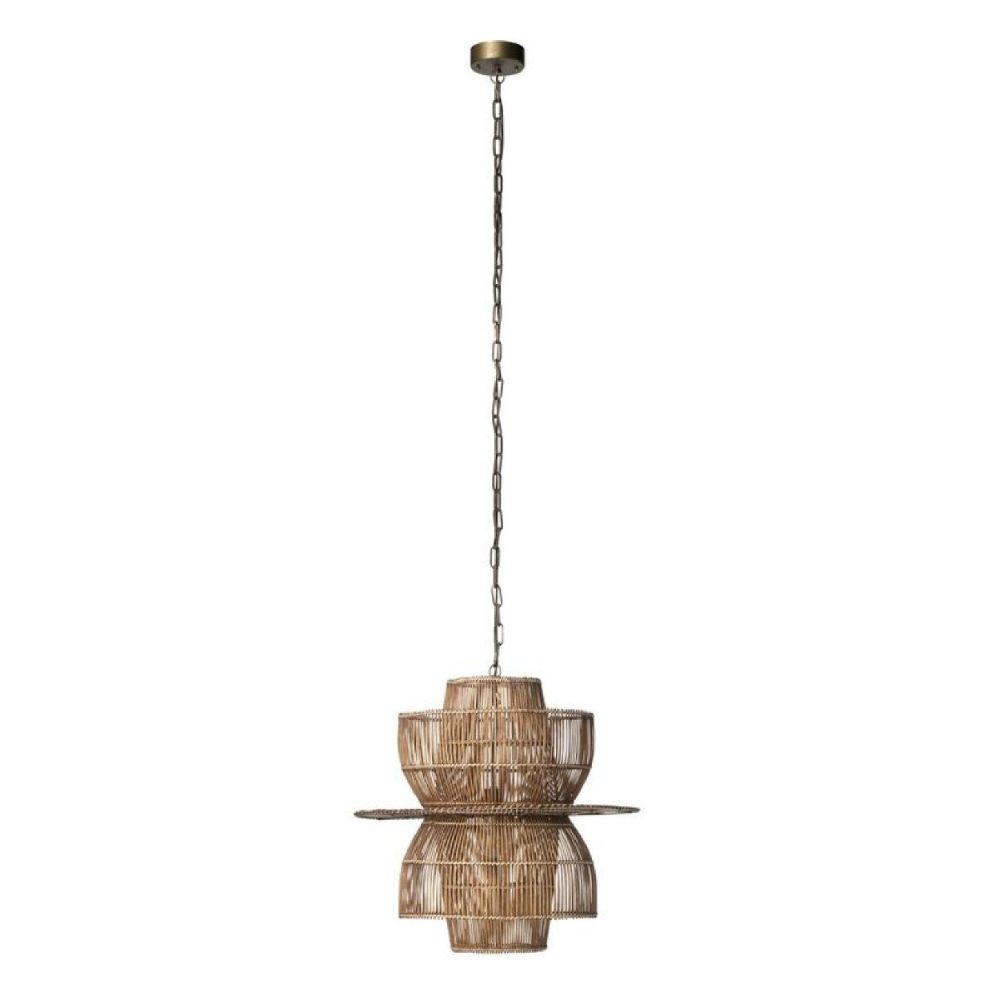 24 Inch Rattan Pendant Chandelier, Natural Brown, Brass By Casagear Home