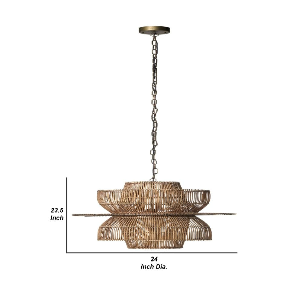 24 Inch Rattan Pendant Chandelier Natural Brown Brass By Casagear Home BM272381