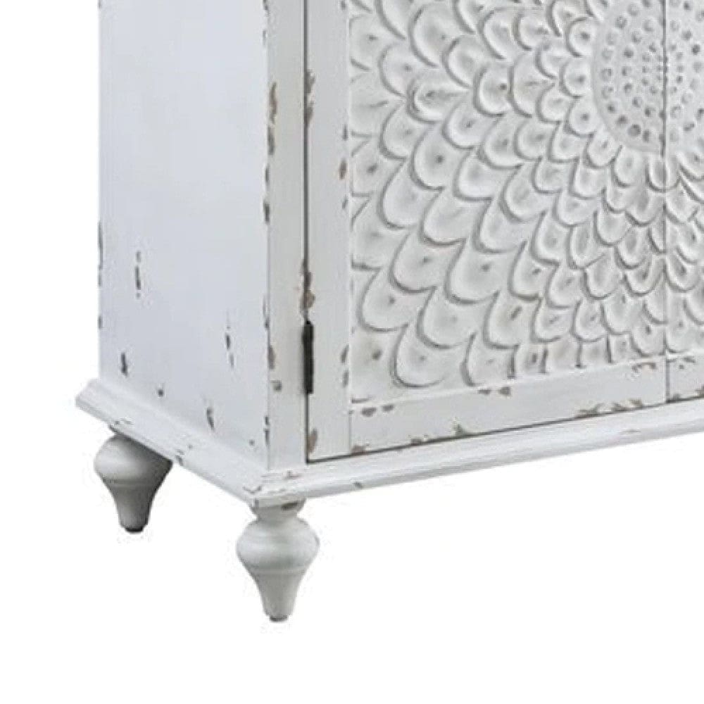 36 Inch Wood Console Buffet Cabinet Carved Floral Pattern Antique White By Casagear Home BM273243