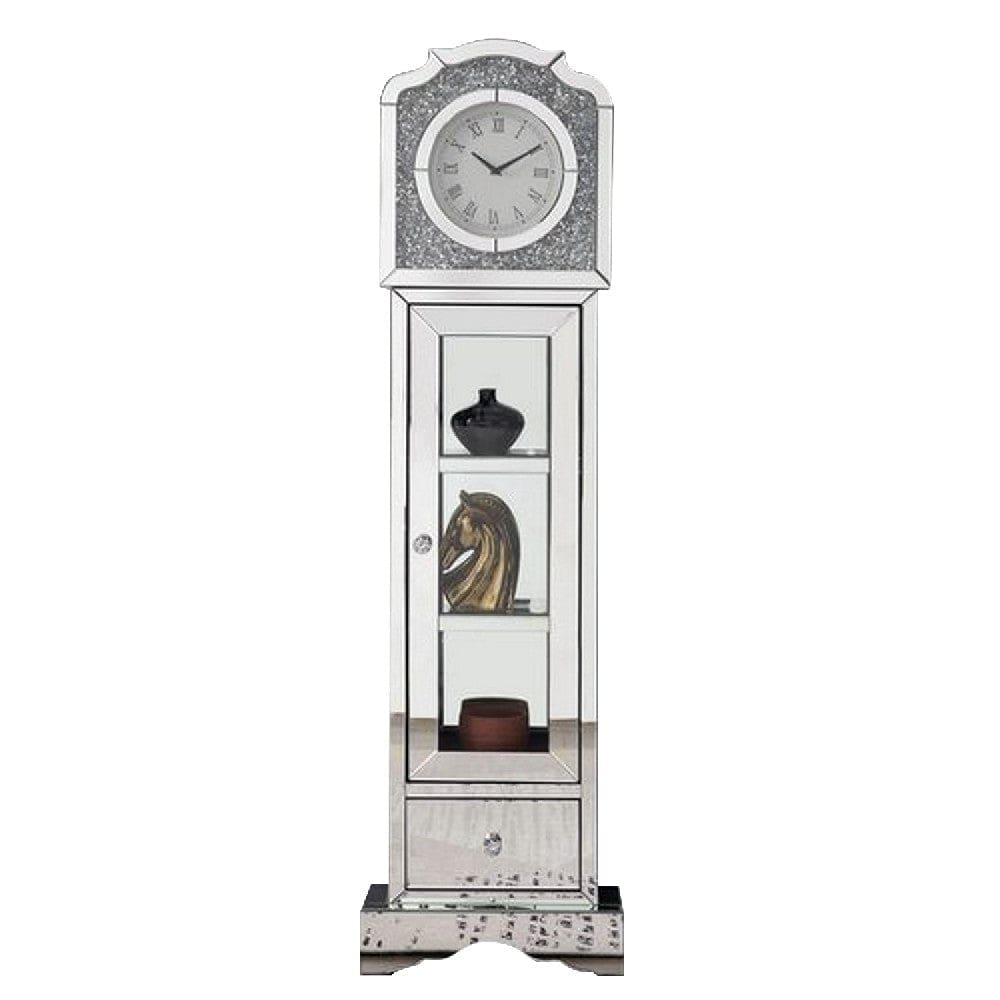 63 Inch Doe Mirrored Grandfather Clock, 3 Shelves, Ornate Design, Silver By Casagear Home