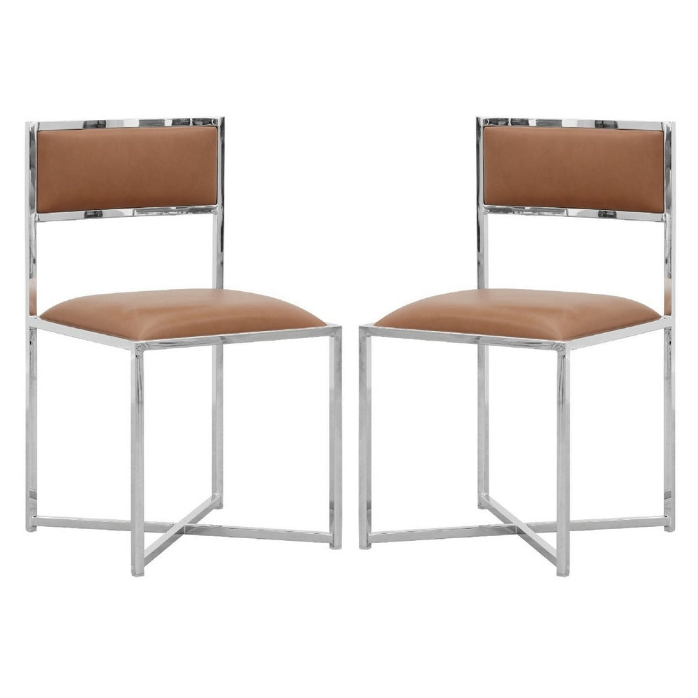 Eun 20 Inch Vegan Faux Leather Dining Chair Chrome Base Set of 2 Brown By Casagear Home BM273662