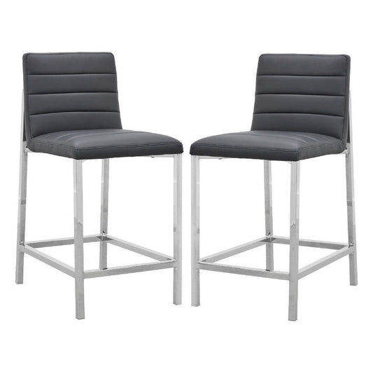 Eun 26 Inch Faux Leather Counter Stool, Chrome Legs, Set of 2, Dark Gray By Casagear Home