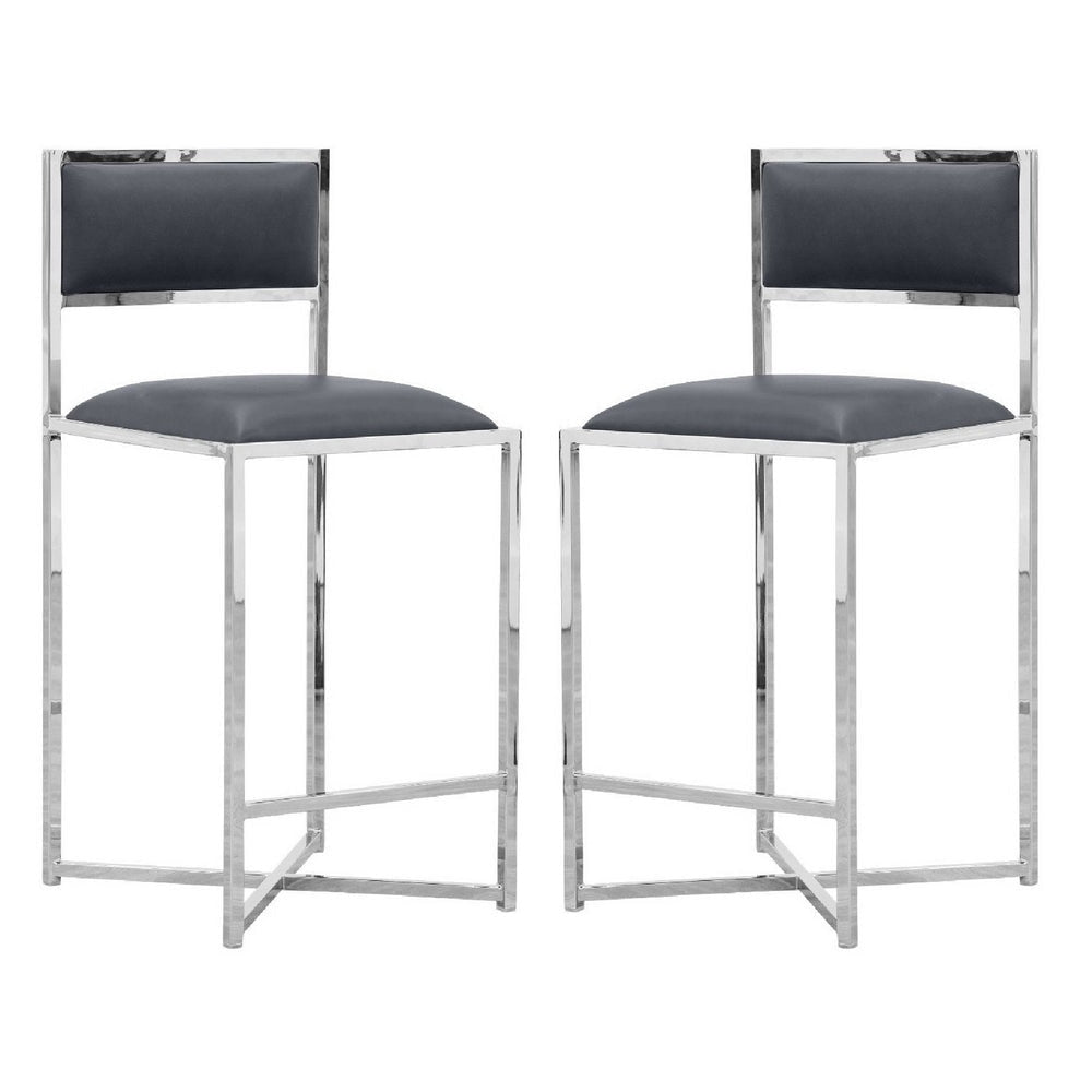 Eun 26 Inch Faux Leather Counter Stool, Chrome Base, Set of 2, Dark Gray By Casagear Home