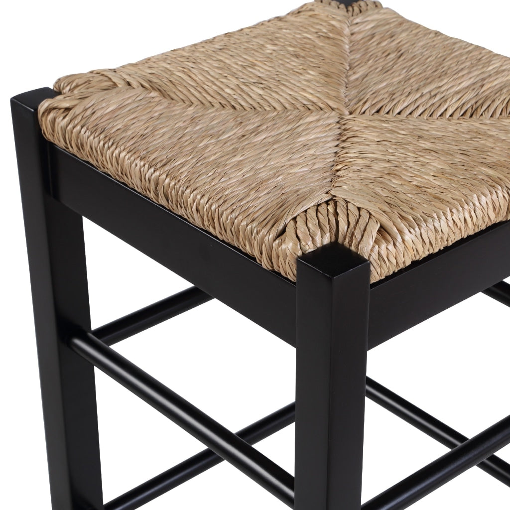 Chris 24 Inch Counter Stool with Wood Frame Handwoven Rush Seat Black By Casagear Home BM274267