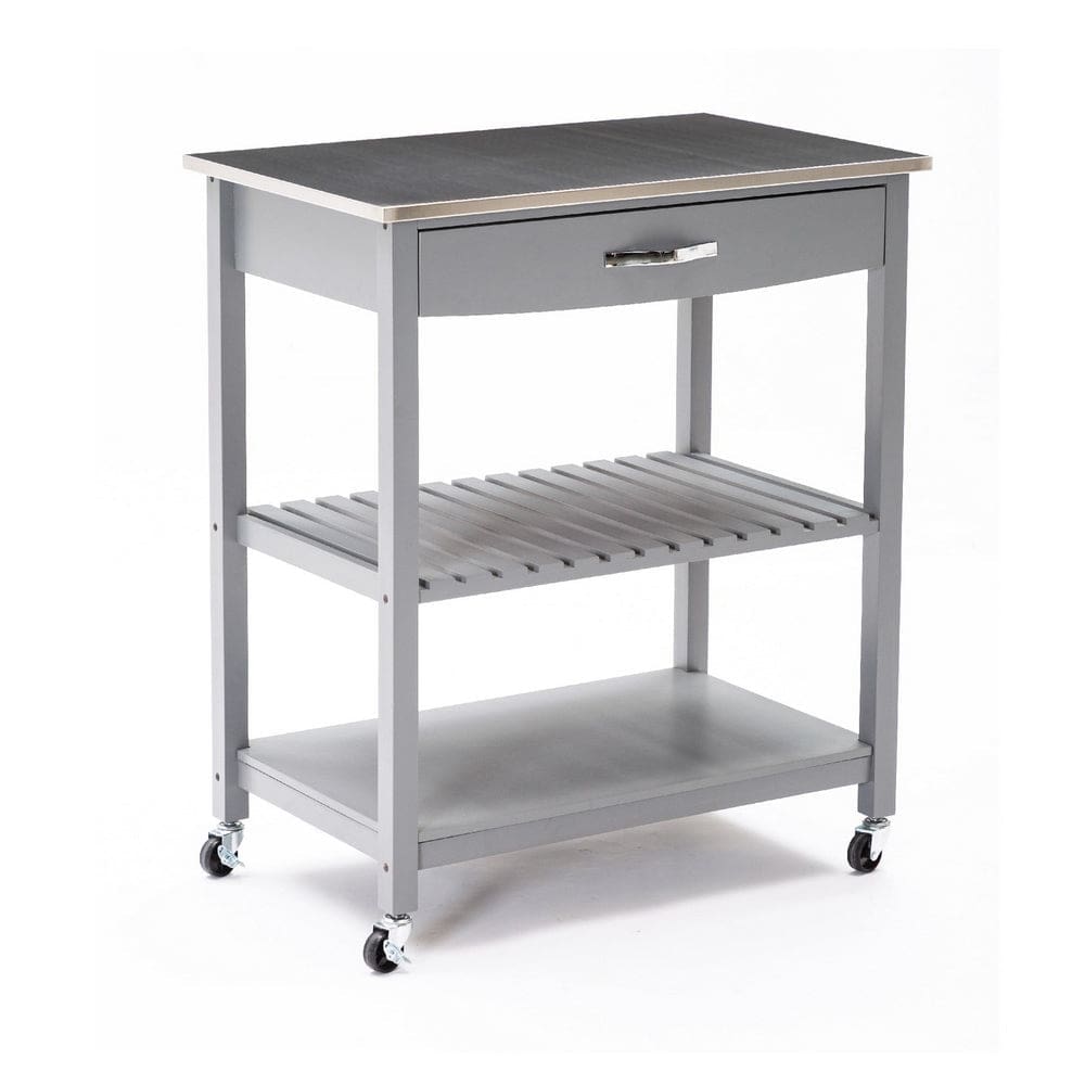 38 Inch 2 Tier Kitchen Cart Island, Shelf, Steel Top, Lock Casters, Gray By Casagear Home