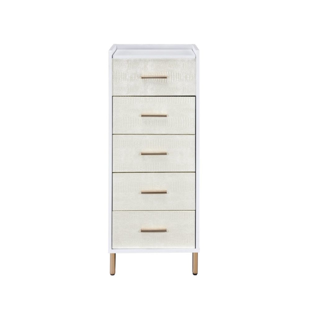 San 45 Inch 5 Drawer Jewelry Storage Chest Gold Metal Legs White and Gold By Casagear Home BM274616