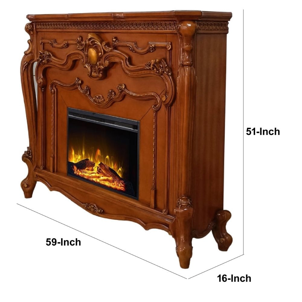 Ples 59 Inch Electric Fireplace Carved Scrolled Legs Walnut Brown By Casagear Home BM274620