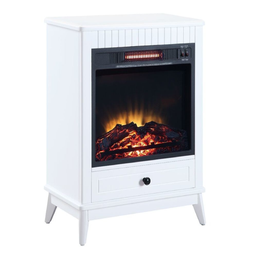 Etu 32 Inch Wood End Table with LED Electric Fireplace, 1 Drawer, White By Casagear Home