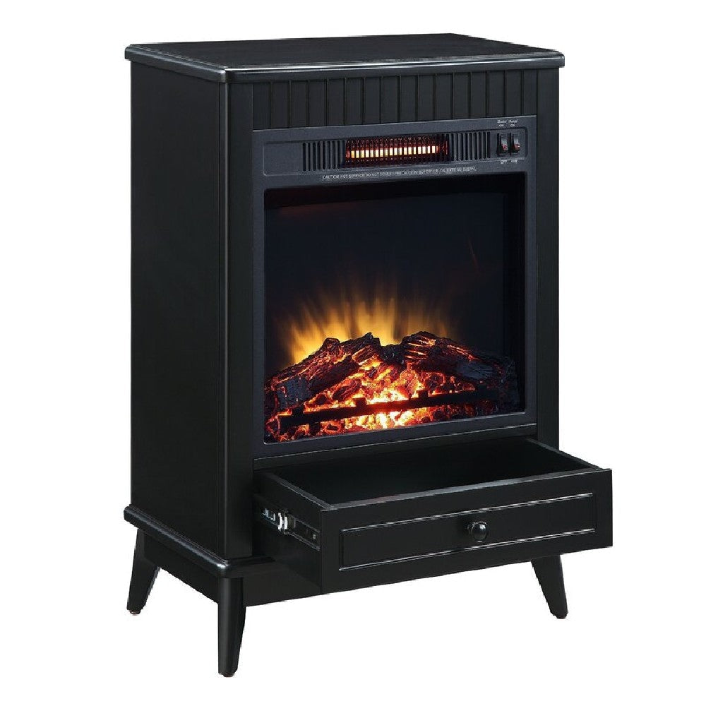 Etu 32 Inch Wood End Table with LED Electric Fireplace 1 Drawer Black By Casagear Home BM274626