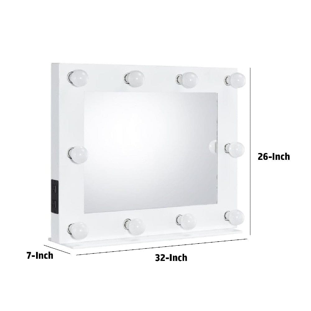 32 Inch Modern Lighted Mirror 2 Power Outlets 10 Bulb Sockets White By Casagear Home BM274648