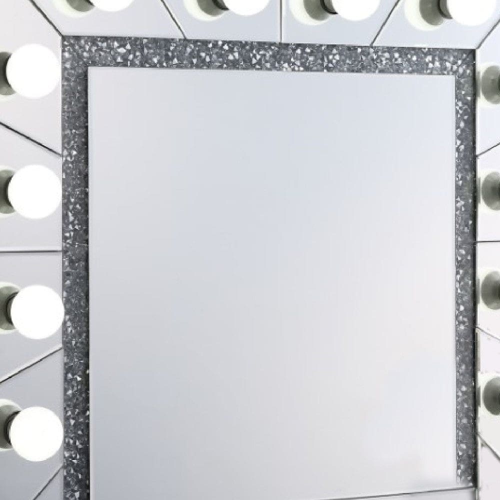 Zaff 32 Inch Lighted Wall Mirror 12 Bulb Sockets Faux Diamond Trim,Silver By Casagear Home BM274651