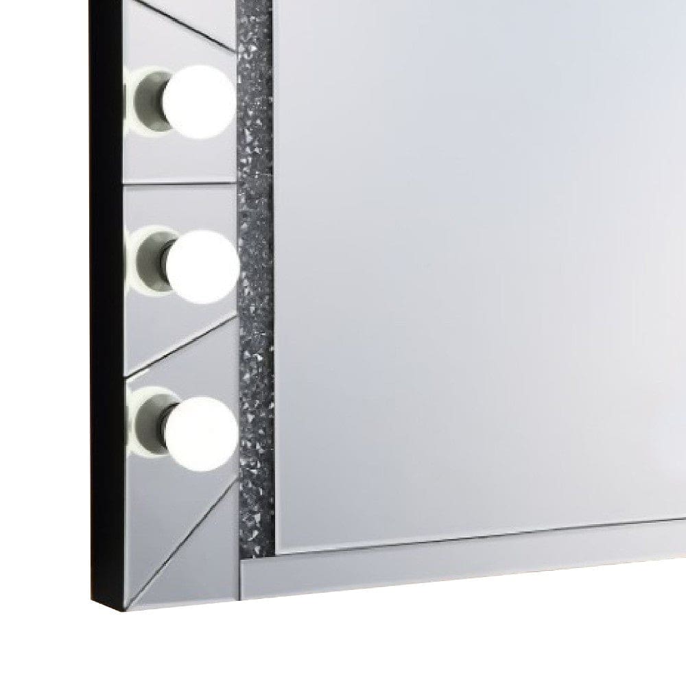 Zaff 32 Inch Lighted Wall Mirror 12 Bulb Sockets Faux Diamond Trim,Silver By Casagear Home BM274651