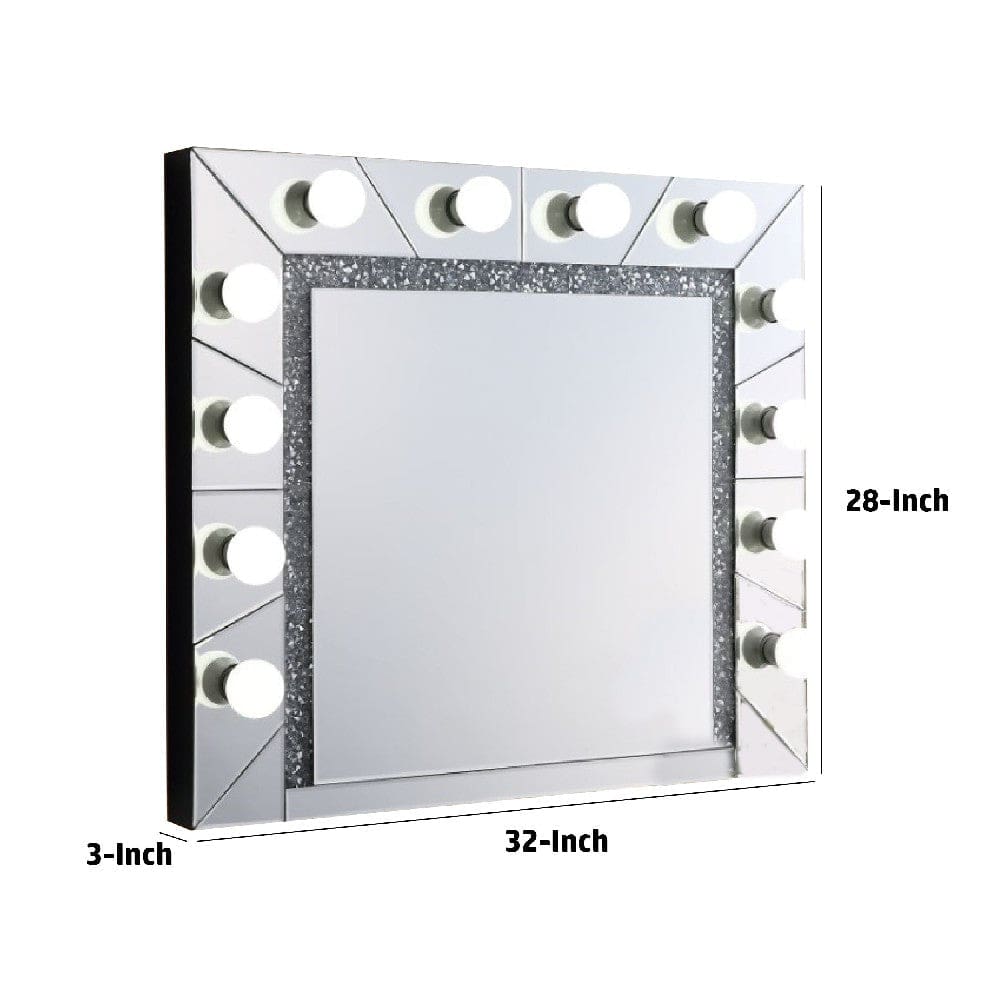 Zaff 32 Inch Lighted Wall Mirror 12 Bulb Sockets Faux Diamond Trim,Silver By Casagear Home BM274651