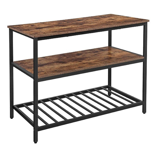 Hugh 47 Inch Wood Kitchen Island, Slatted Metal Shelf, Rustic Brown, Black By Casagear Home