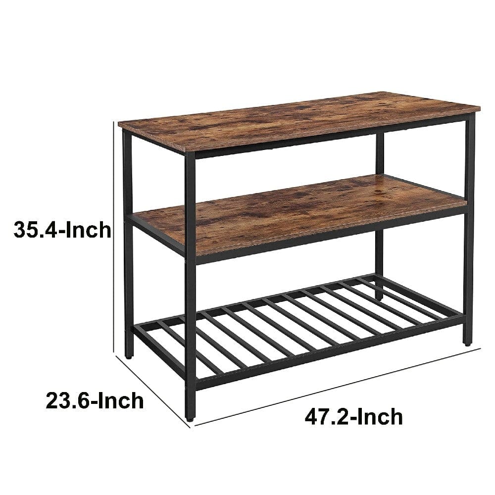 Hugh 47 Inch Wood Kitchen Island Slatted Metal Shelf Rustic Brown Black By Casagear Home BM274770