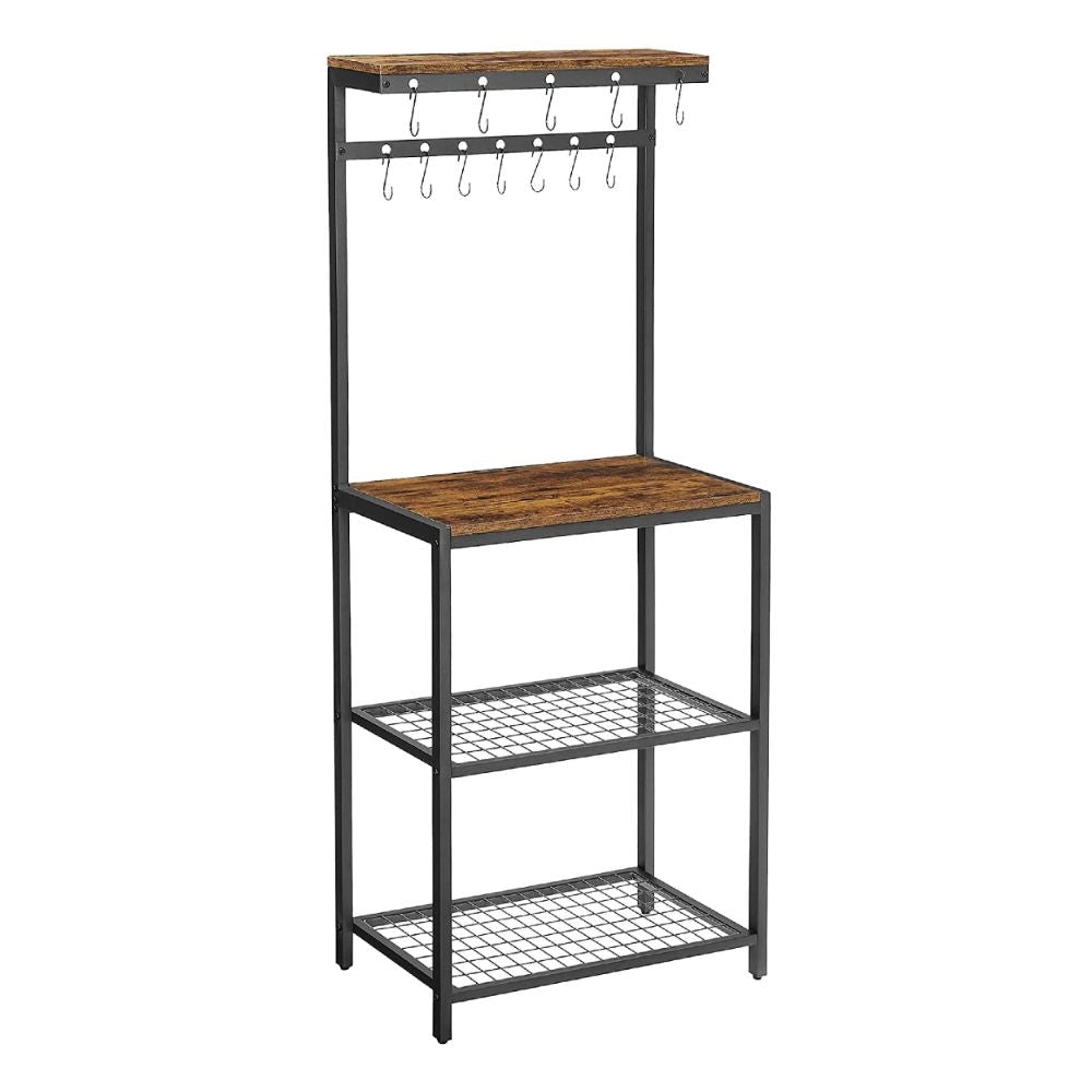 Hugh 57 Inch Baker Rack Kitchen Shelves, Microwave Stand, 12 Hooks, Brown By Casagear Home