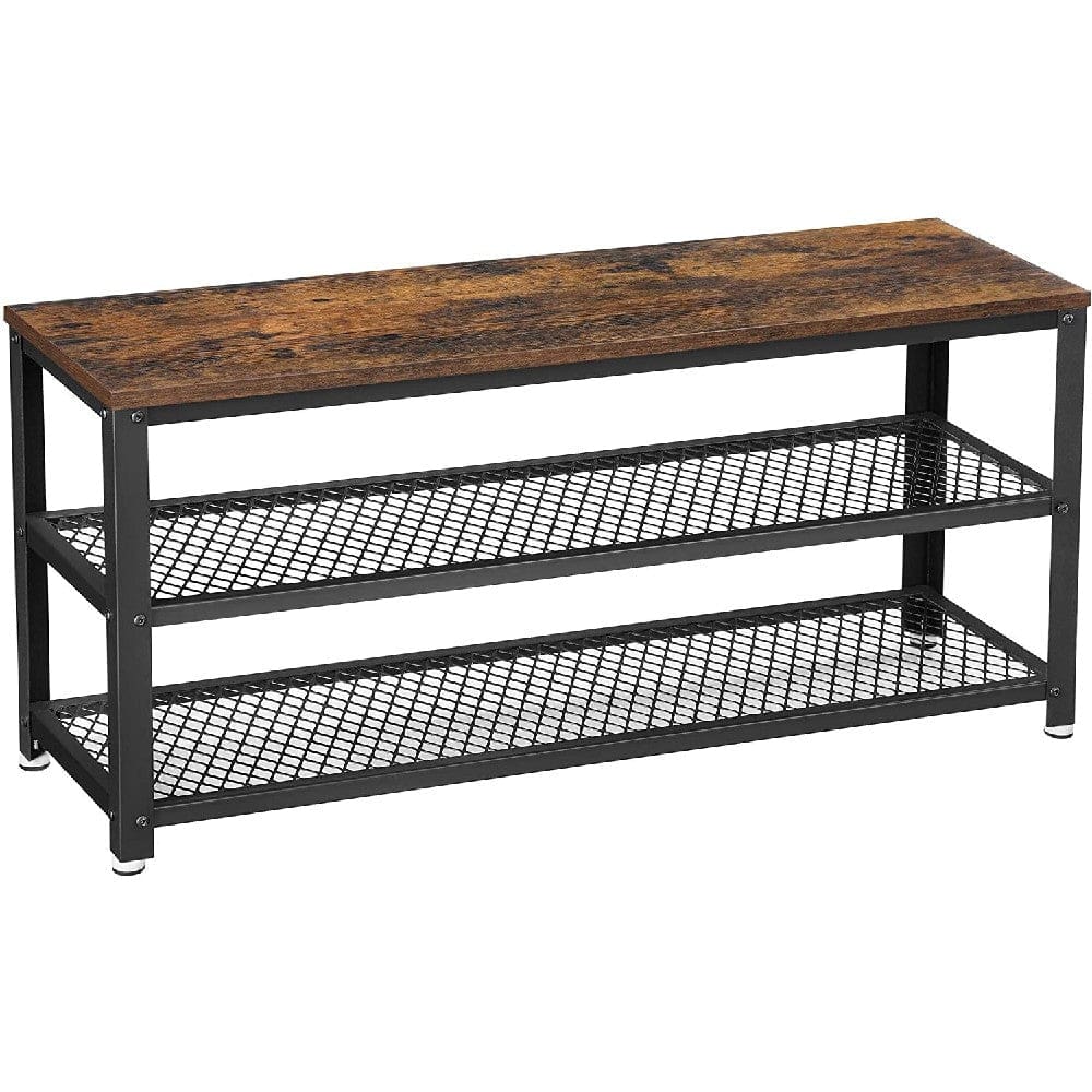 Grace 39 Inch Wood Shoe Bench and Rack, 2 Mesh Design Metal Shelves, Brown By Casagear Home