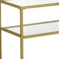 Kin 39 Inch Sofa Console Table Metal Frame Tempered Glass Shelves Gold By Casagear Home BM274786