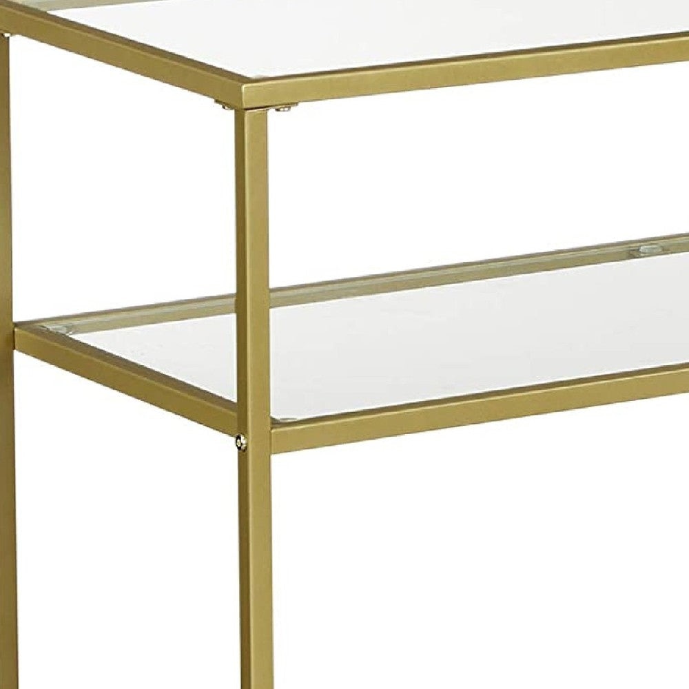 Kin 39 Inch Sofa Console Table Metal Frame Tempered Glass Shelves Gold By Casagear Home BM274786