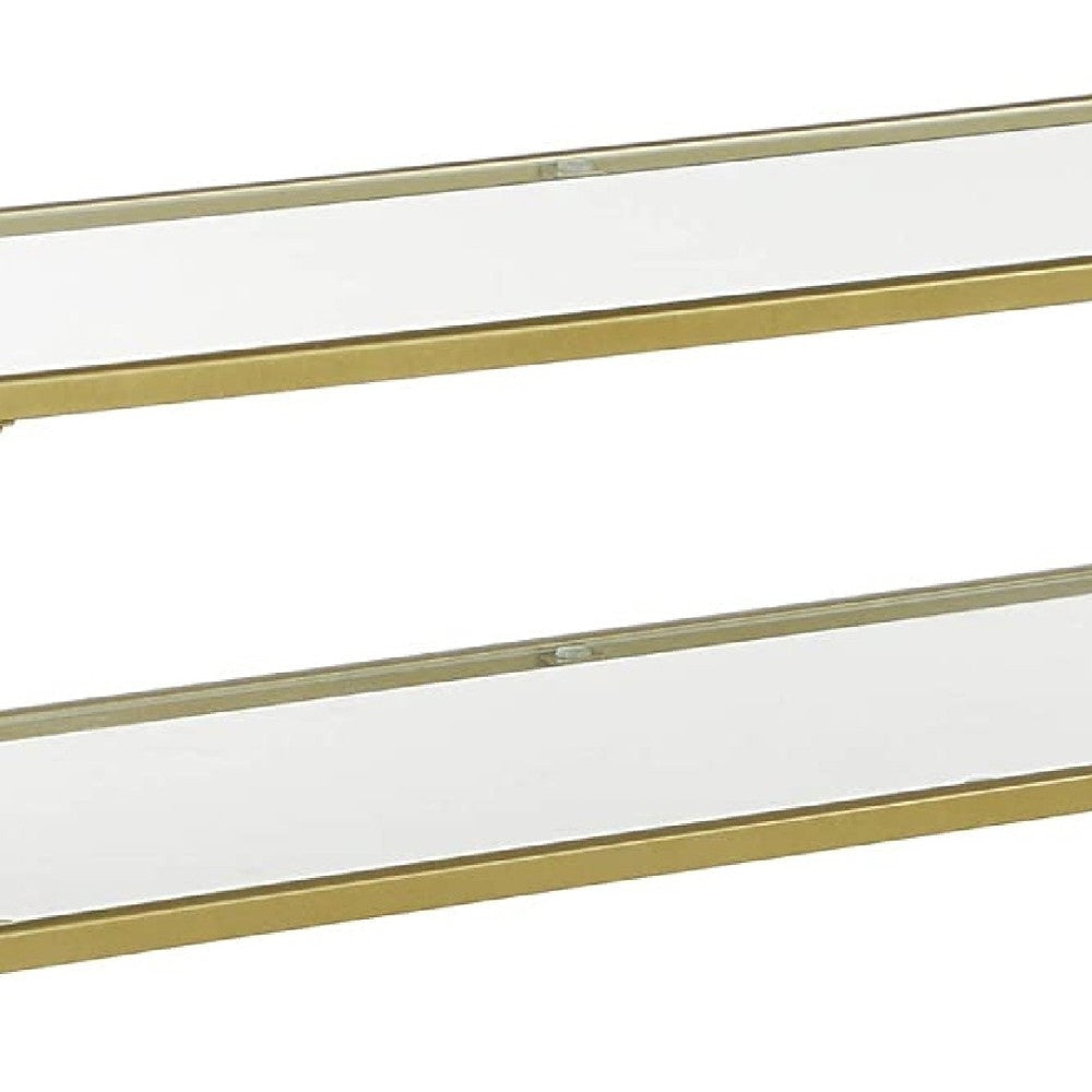 Kin 39 Inch Sofa Console Table Metal Frame Tempered Glass Shelves Gold By Casagear Home BM274786