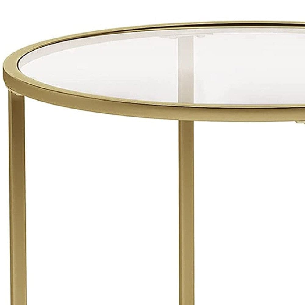 Kin 22 Inch End Table Round Metal Frame Tempered Glass Shelf Gold By Casagear Home BM274787