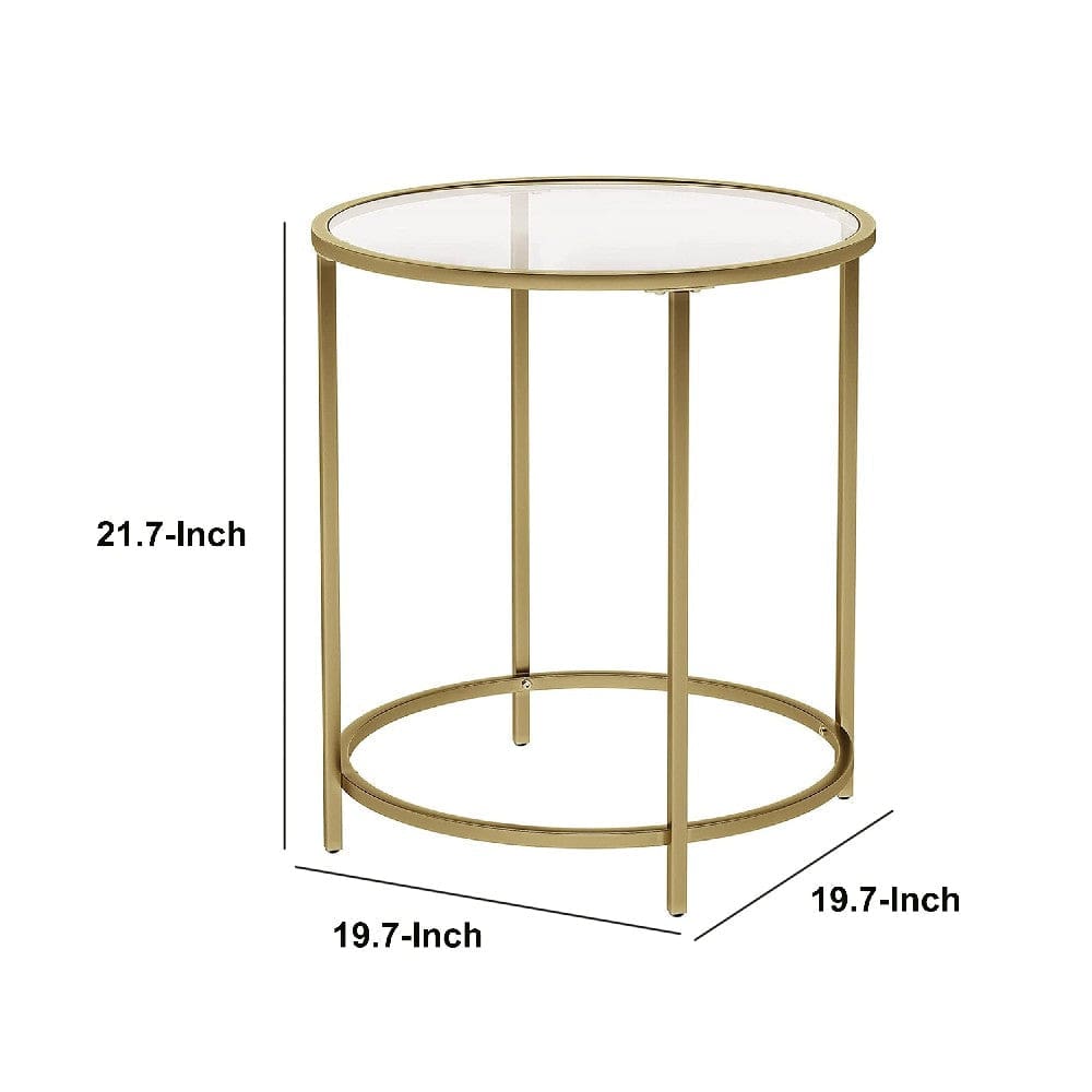 Kin 22 Inch End Table Round Metal Frame Tempered Glass Shelf Gold By Casagear Home BM274787