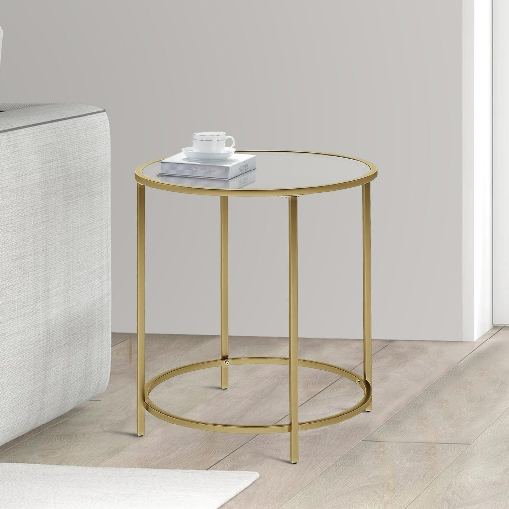 Kin 22 Inch End Table, Round Metal Frame, Tempered Glass Shelf, Gold By Casagear Home