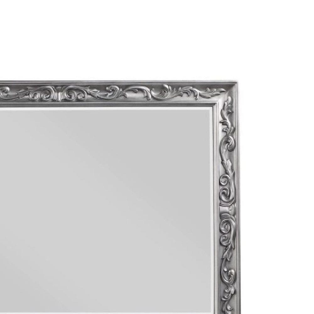 55 Inch Wood Mirror Raised Scroll Floral Trim Beveled Silver By Casagear Home BM275045