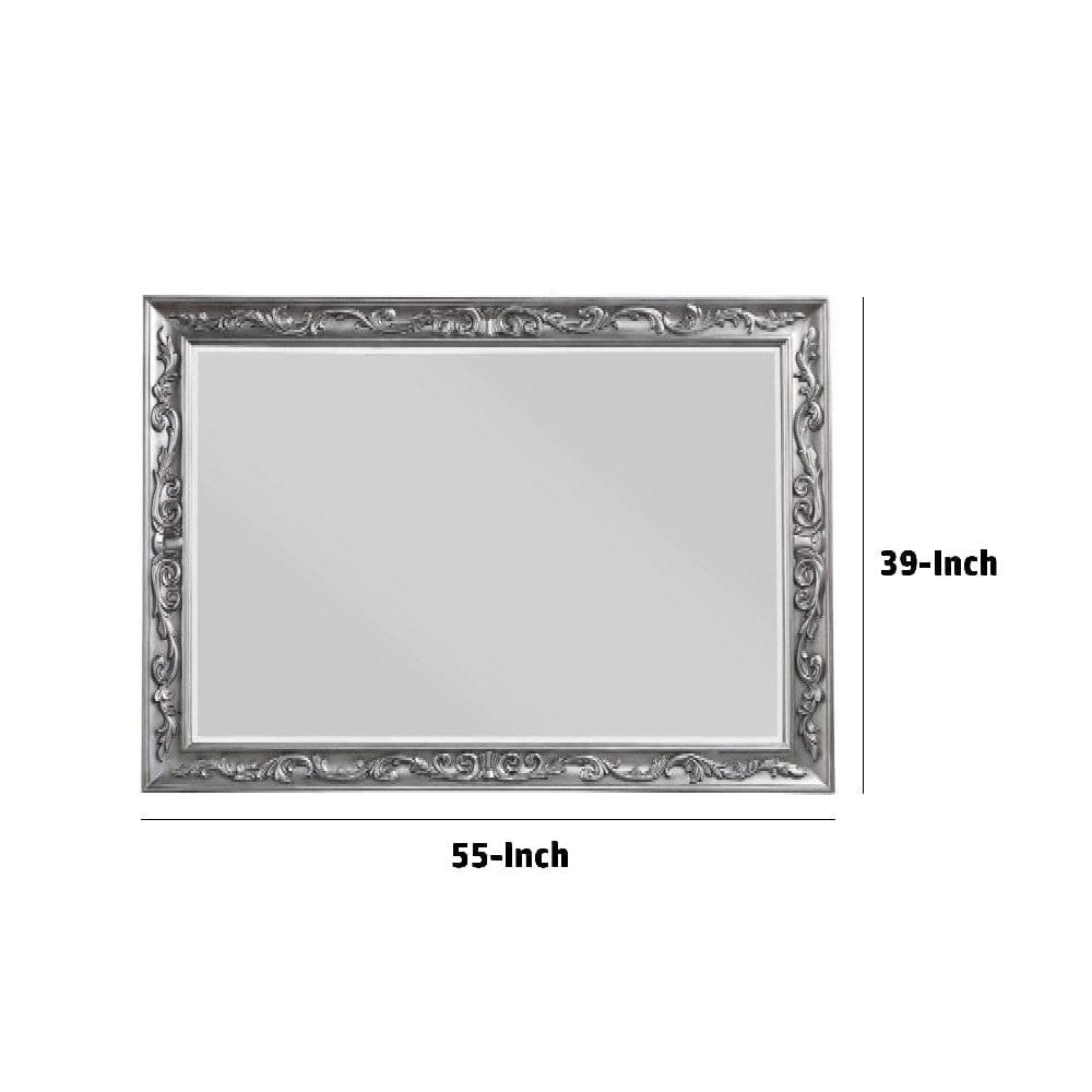 55 Inch Wood Mirror Raised Scroll Floral Trim Beveled Silver By Casagear Home BM275045