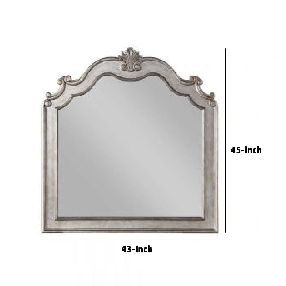 43 Inch Wood Mirror Scalloped Crown Top Poly Resin Silver By Casagear Home BM275065