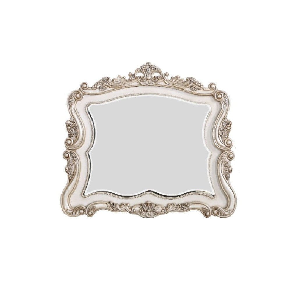 50 Inch Solid Wood Mirror, Scalloped, Scroll Ornate Trim, Antique White By Casagear Home