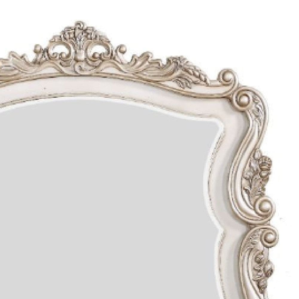 50 Inch Solid Wood Mirror Scalloped Scroll Ornate Trim Antique White By Casagear Home BM275074