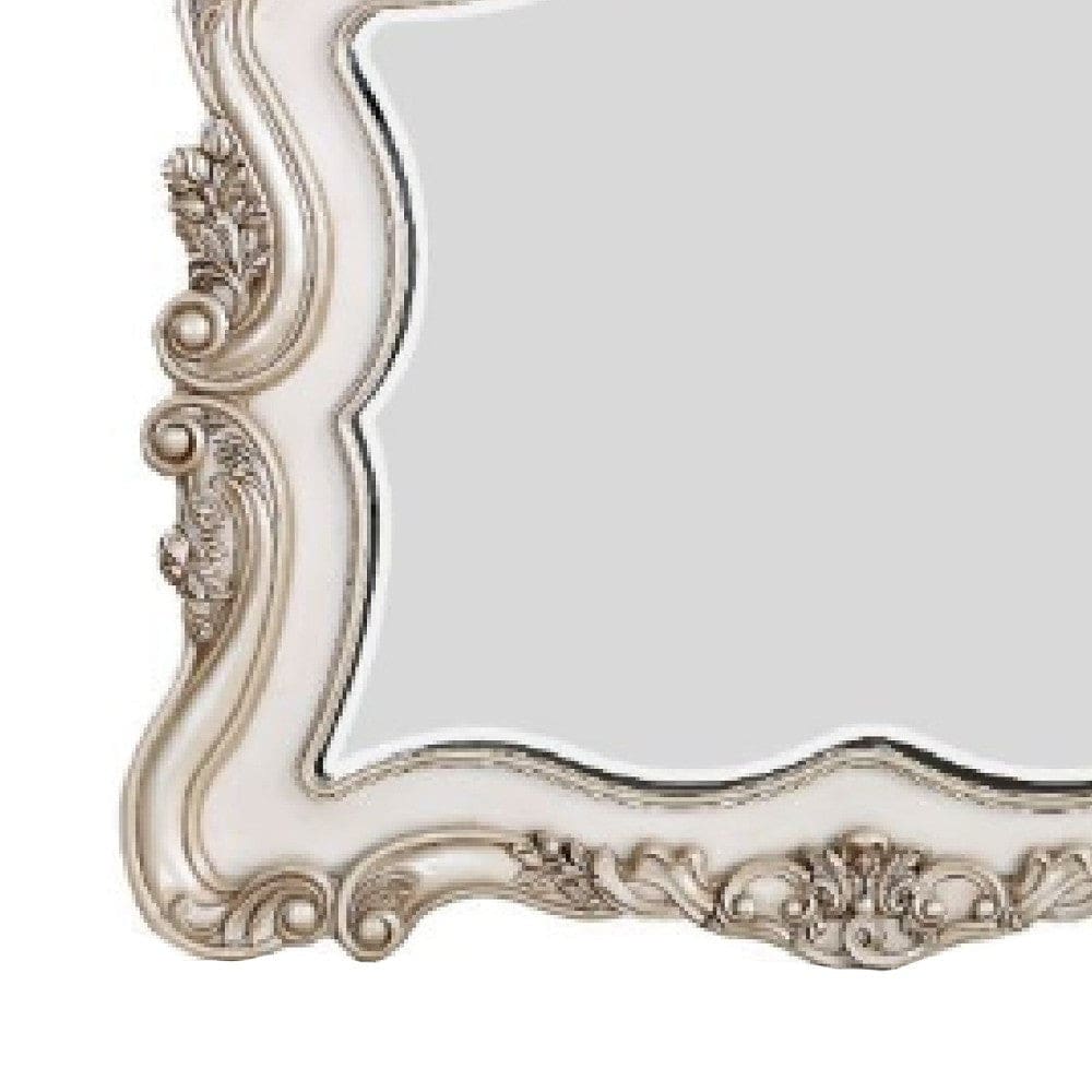 50 Inch Solid Wood Mirror Scalloped Scroll Ornate Trim Antique White By Casagear Home BM275074