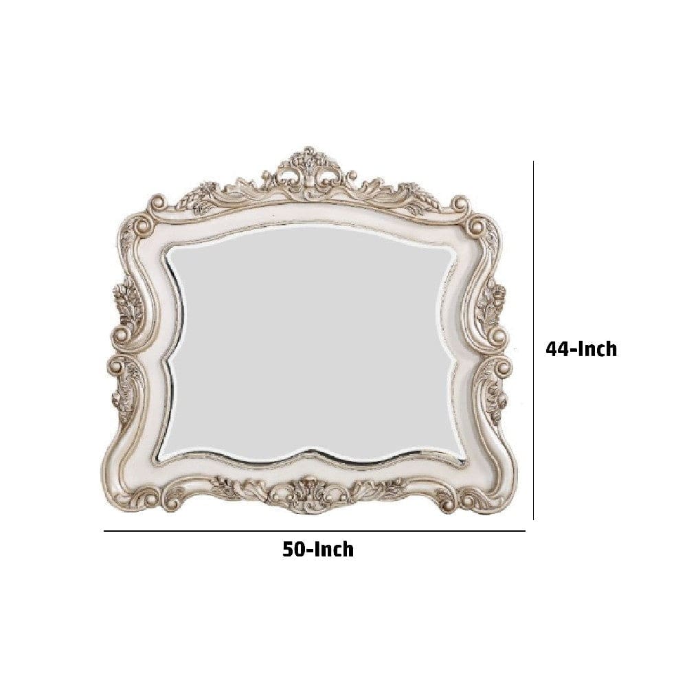 50 Inch Solid Wood Mirror Scalloped Scroll Ornate Trim Antique White By Casagear Home BM275074