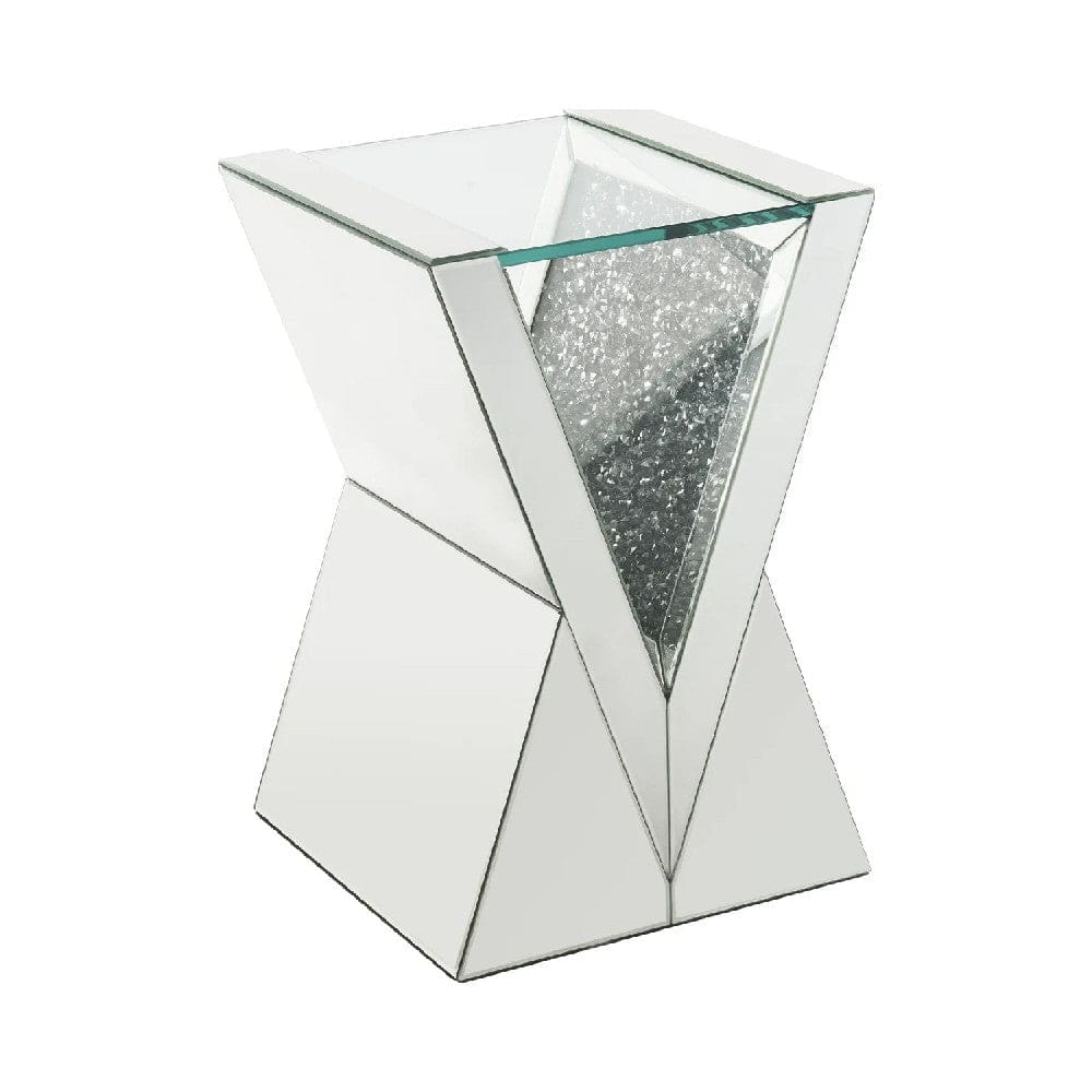 Noe 24 Inch Mirrored End Table, V Pedestal Base, Faux Diamond, Silver By Casagear Home