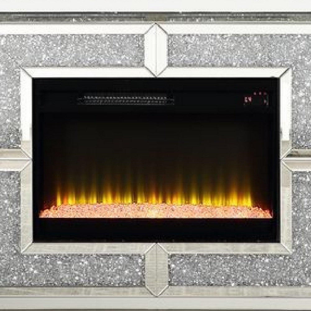 Noe 41 Inch Mirrored LED Electric Fireplace Remote Faux Diamond Silver By Casagear Home BM275475