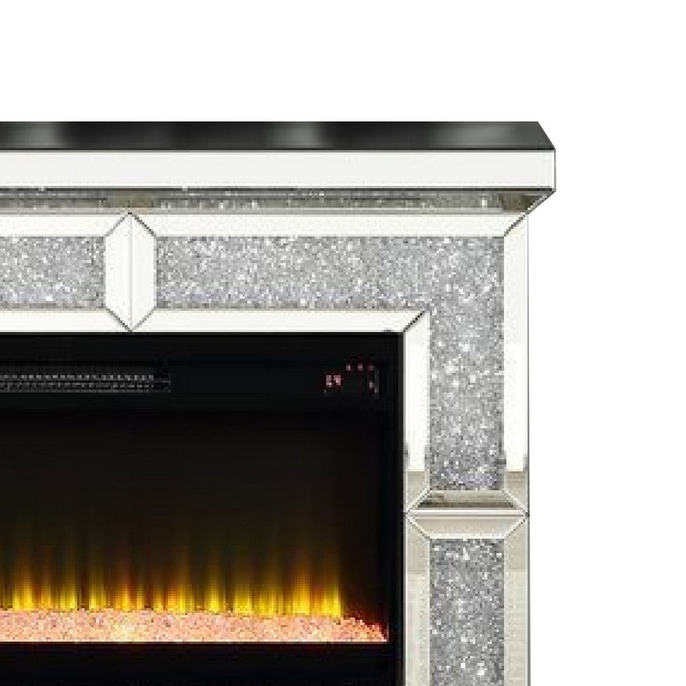 Noe 41 Inch Mirrored LED Electric Fireplace Remote Faux Diamond Silver By Casagear Home BM275475