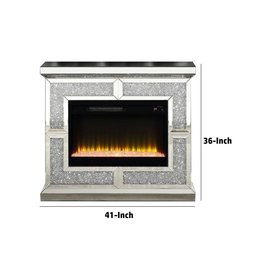 Noe 41 Inch Mirrored LED Electric Fireplace Remote Faux Diamond Silver By Casagear Home BM275475