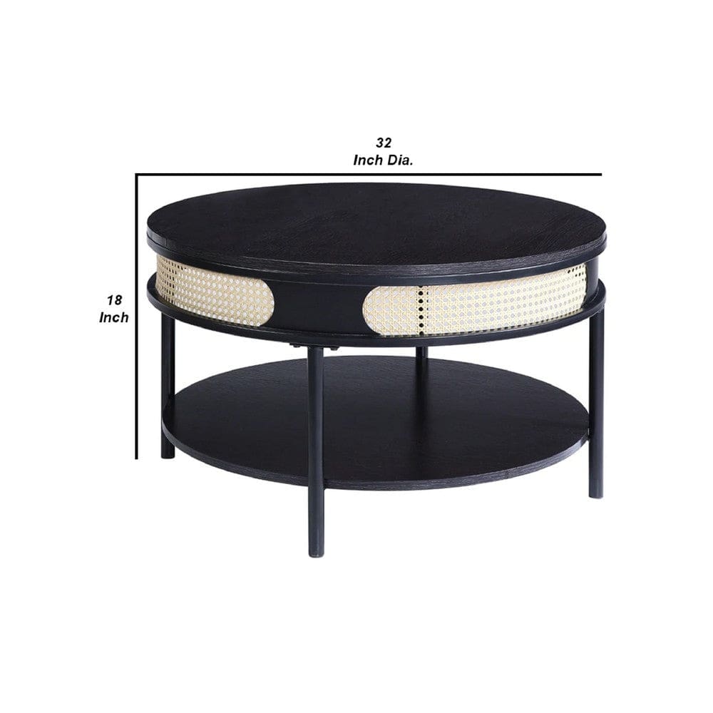 Bert 32 Inch Round Coffee Table Rattan Apron Accent Metal Legs Black By Casagear Home BM275487