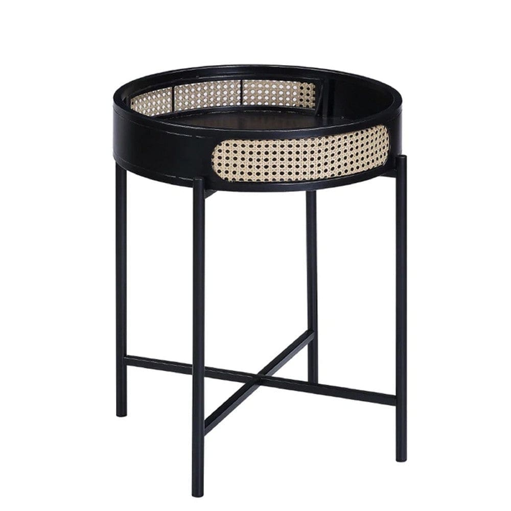 Bert 24 Inch Round End Table, Rattan Apron Accent, Metal Legs, Black By Casagear Home