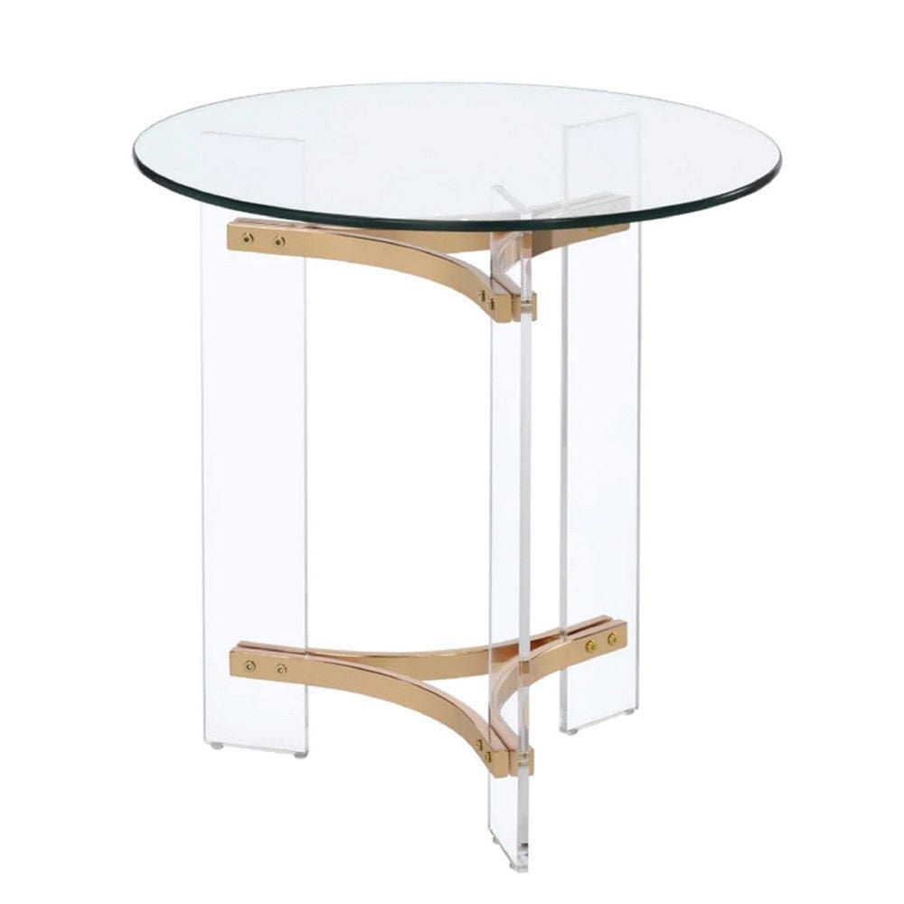 Hale 23 Inch Round End Table, Glass Top, Acrylic Legs, Clear, Gold By Casagear Home