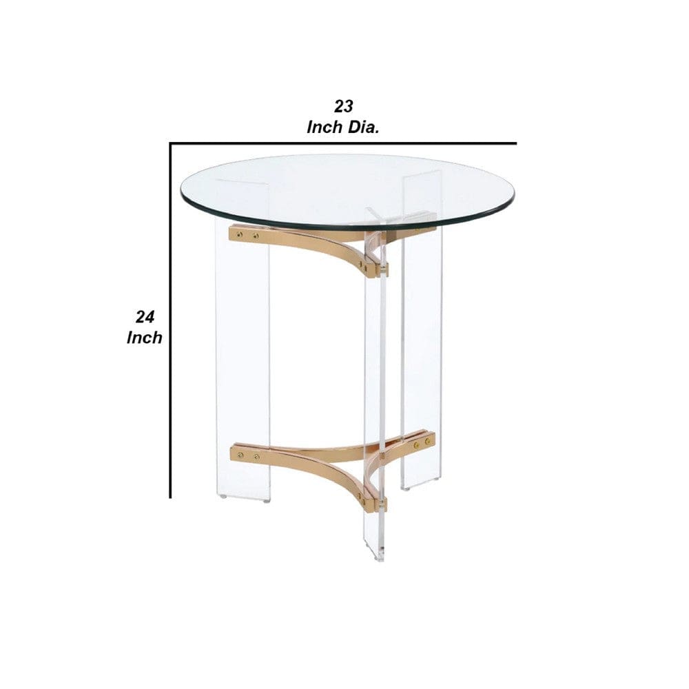 Hale 23 Inch Round End Table Glass Top Acrylic Legs Clear Gold By Casagear Home BM275492