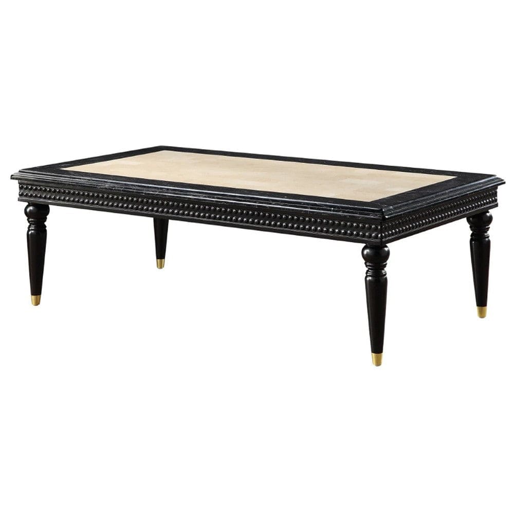 Mavi 61 Inch Rectangular Coffee Table, Marble Top, Beaded Apron, Black By Casagear Home