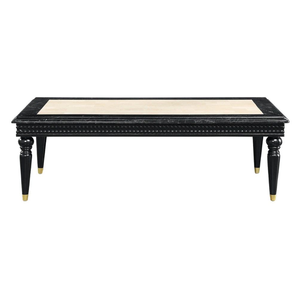 Mavi 61 Inch Rectangular Coffee Table Marble Top Beaded Apron Black By Casagear Home BM275498