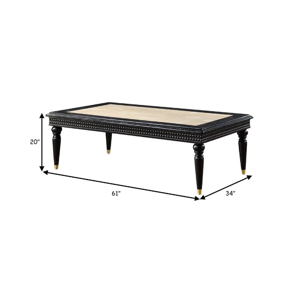 Mavi 61 Inch Rectangular Coffee Table Marble Top Beaded Apron Black By Casagear Home BM275498