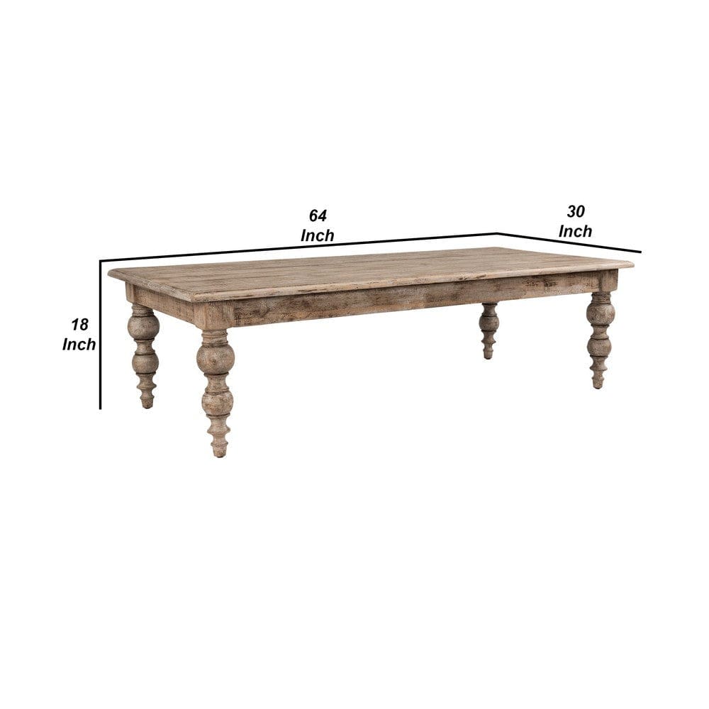 Ray 64 Inch Reclaimed Pine Wood Coffee Table Turned Baluster Legs Beige By Casagear Home BM275589