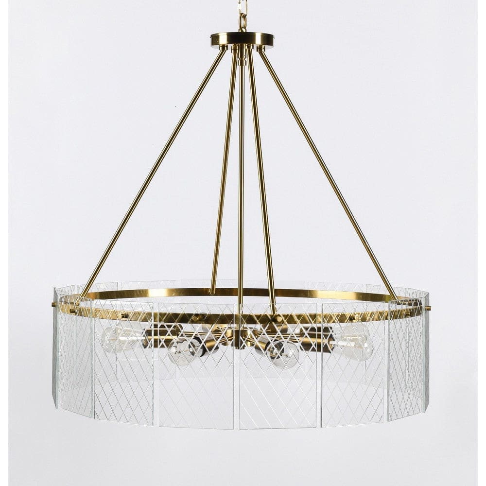 32 Inch Round 8 Light Chandelier, Diamond Lattice, Gold Iron, Clear Glass By Casagear Home